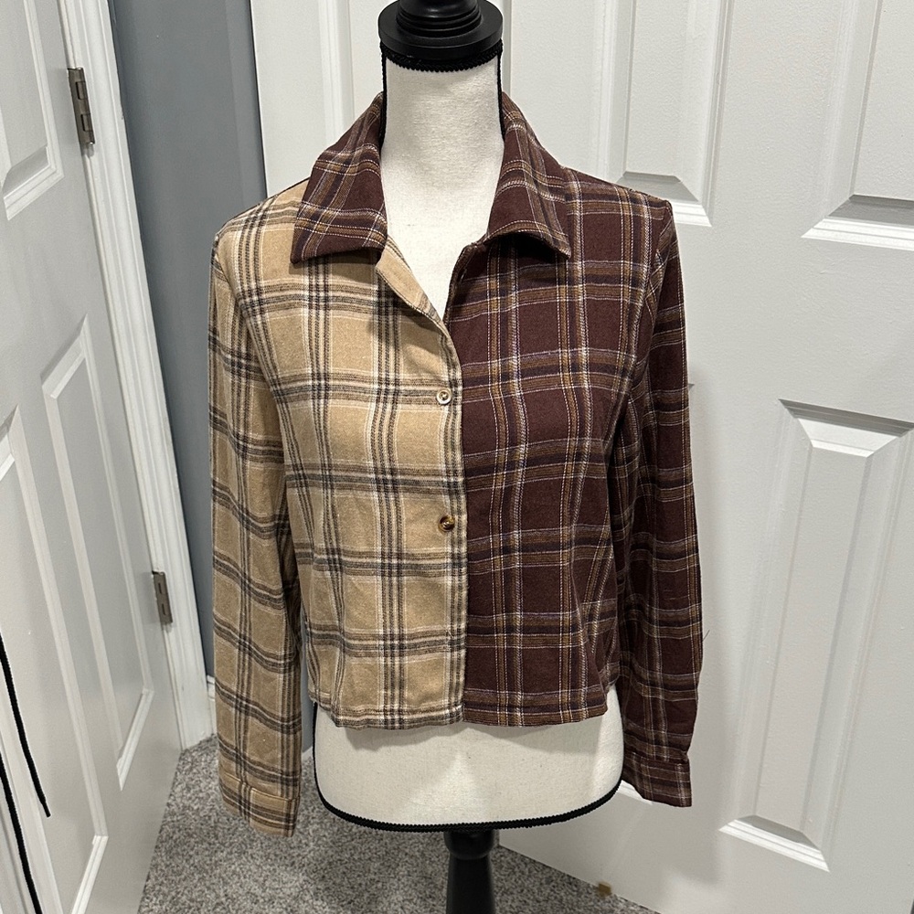 Plaid Button-Up Shirt in Brown and Tan
